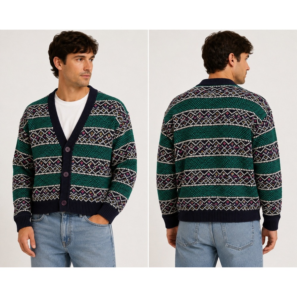 Vintage Fair Isle Geometric Knit Cardigan Sweater Green Navy Blue Mens XL 3067